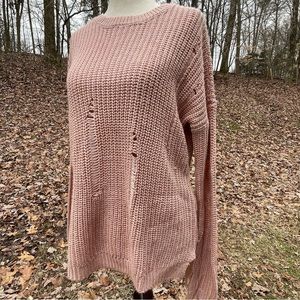 Pastel Pink Oversized Distressed Split Hem Crew Neck Knit Sweater Size Small